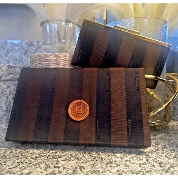 Fendi Pecan Stripe Clutch & Wallet Set | Vintage Designer Monogram - Picture 1 of 11